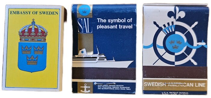 Tre tändsticksaskar med motiv från svenska ambassaden och Swedish American Line.