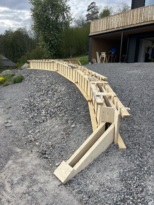 Form för gjutning av betongmur med träramar som håller formen. Muren är belägen på en grusyta med en trädgård i bakgrunden.