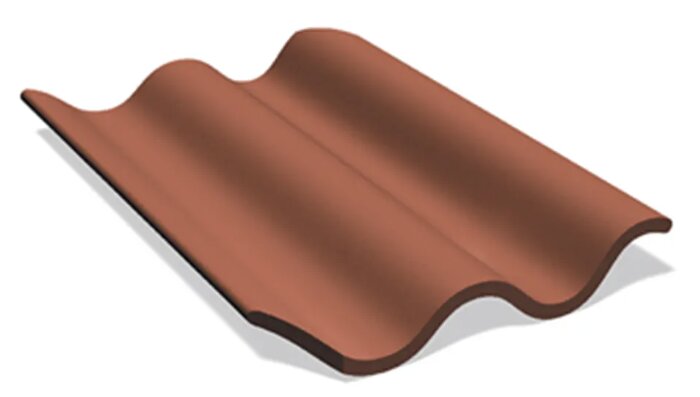 Tvåkupigt naturrött taktegel av typen Benders Höganäs, illustrerat på en bild för försäljningsannons i södra Skåne.