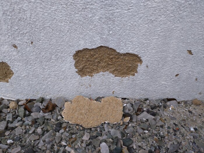 Puts och färg som flagnar från en mur nära marken, sannolikt på grund av fuktproblem.