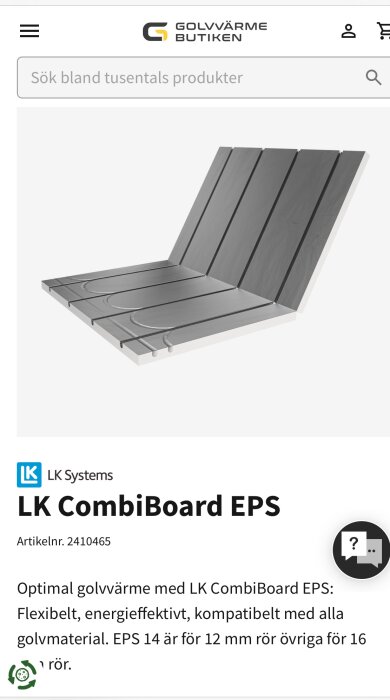 LK CombiBoard EPS-panel med spår för golvvärmerör. Anpassad för olika rördiametrar. Används i golvvärmeinstallationer för effektiv värmefördelning.