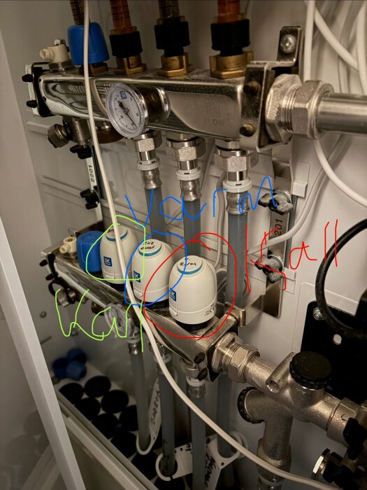 Bild av golvvärmesystem med ventiler, en tryckmätare och markerade slangar för varm och kall, slangar till kök, badrum och vardagsrum visas.