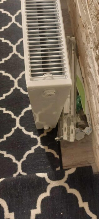 Vattenburet element monterat mot vägg på mönstrad matta, med tillbehör bredvid.