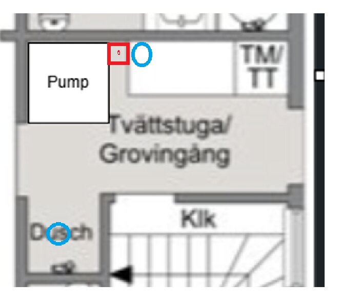 Planlösning över tvättstuga/grovköksrum, visar pump och dusch. Blå markeringar för brunnar, röd markerar schakt vid pump. Dusch är nära brunn.