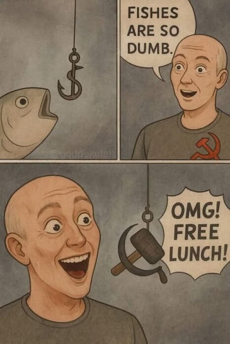 Tecknad serie med en man som kallar fiskar dumma, men sedan lockas av en krok med en hammare och skära, tänkande "OMG! Free lunch!".