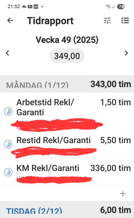Tidsrapport för vecka 49 (2025) med totalt 349 timmar, inklusive arbetstid, restid och KM reklamation/garanti.