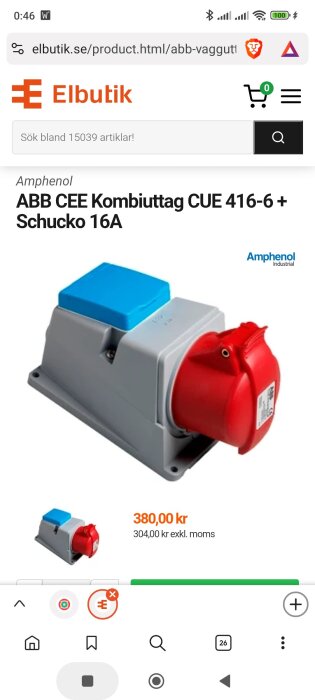 Kombiuttag ABB CEE med Schuko, modell CUE 416-6, visas på en webbsida från Elbutik.