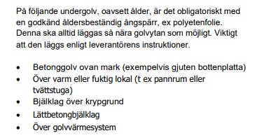 Text om obligatoriskt ångspärr och polyetenfolie över vissa undergolv, inklusive betonggolv, bjälklag och golvvärmesystem.