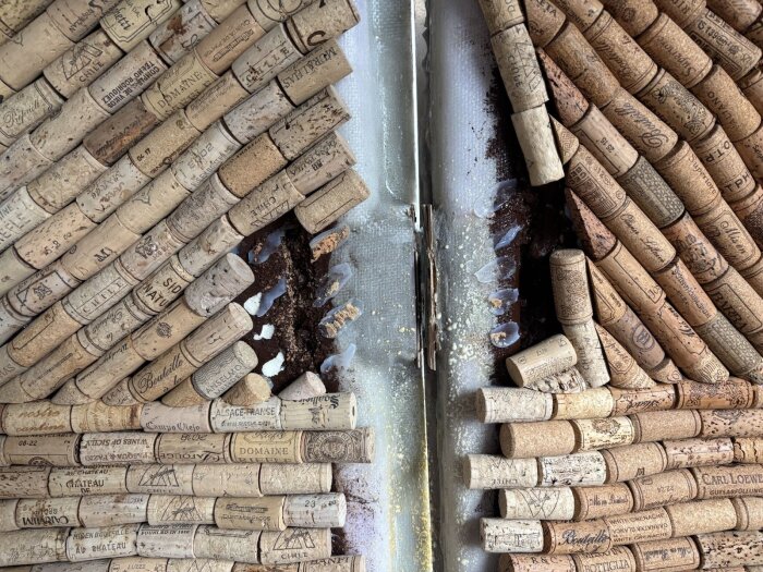 Vinkorkar ordnade i mönster över en dörrkarm, med synlig spricka i mitten där lockmekanismen har avlägsnats.