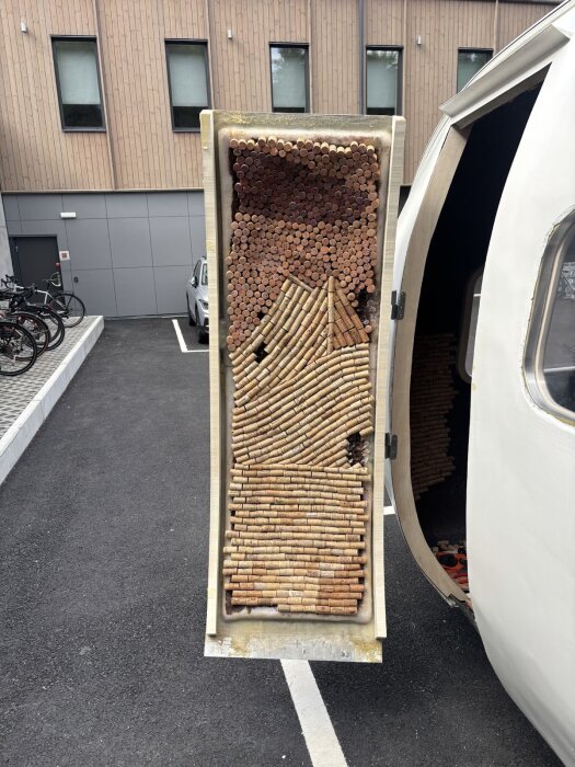 Dörr med en unik isolering av vinkorkar i olika mönster och riktningar, del av ett renoveringsprojekt där korkarna måste justeras vid gångjärn och lås.