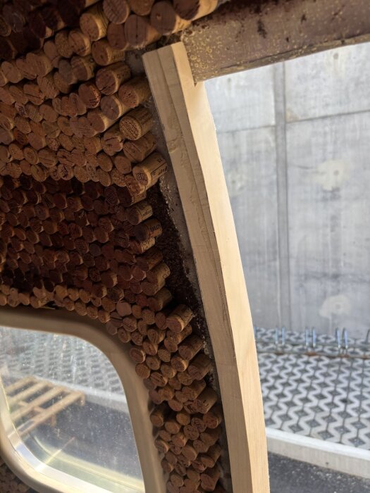 Dörrkarm täckt med vinkorkar och en ny bit trä i en böjd båge, med synlig utomhusmiljö genom fönstret.