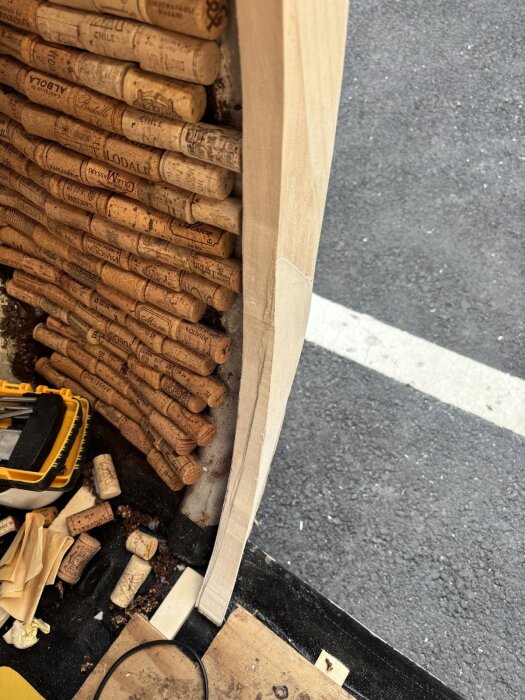 Trälist mot dörrkarm fylld med vinkorkar; verktygslåda och spridda korkar på golv.