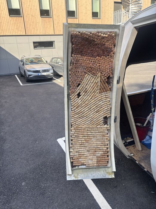 Dörrkarm fylld med vinkorkar i olika mönster, placerad mot en husvagn på en parkeringsplats.