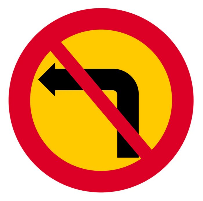 Förbudsskylt som visar "förbjudet att svänga vänster", röd cirkel med streck över svart vänstersvängspil på gul bakgrund.