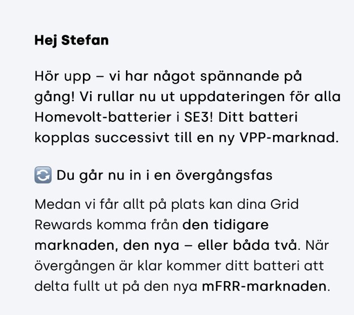 Hemsideuppdatering för Homevolt-batterier till SE3 meddelande om övergång till ny VPP-marknad och mFRR-marknad, inklusive Grid Rewards detaljer.
