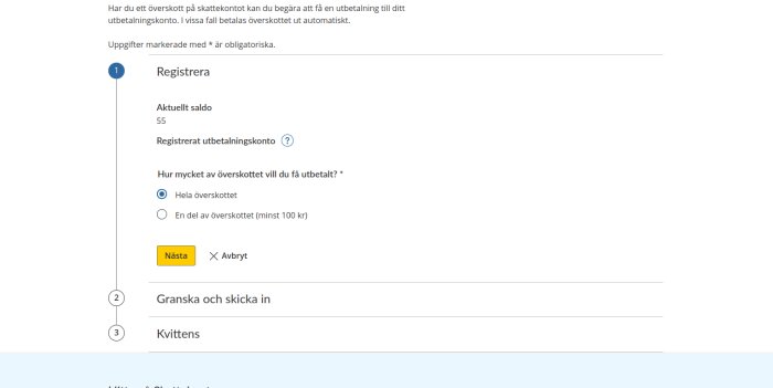 Registreringsformulär för utbetalning av överskott från skattekonto, med aktuellt saldo 55 kr och alternativ för hela eller del av överskott.