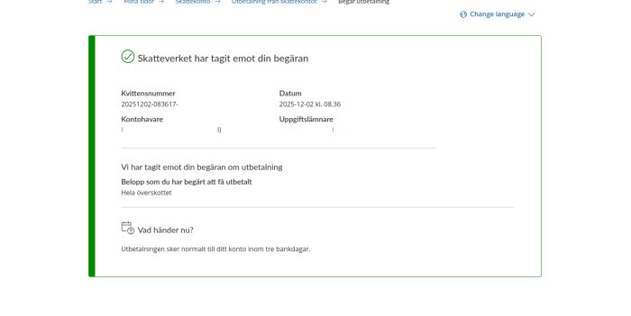 Skatteverkets kvittenssida för mottagen utbetalningsbegäran visar kvittensnummer, datum och information om utbetalning av överskott.