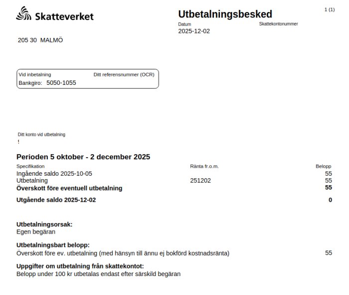 Utbetalningsbesked från Skatteverket med betalningsinformation och saldo för perioden 5 oktober till 2 december 2025.
