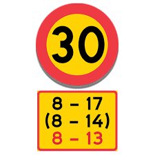 Hastighetsskylt 30 km/h med tilläggstavla som visar tider: 8-17 (8-14) och 8-13.