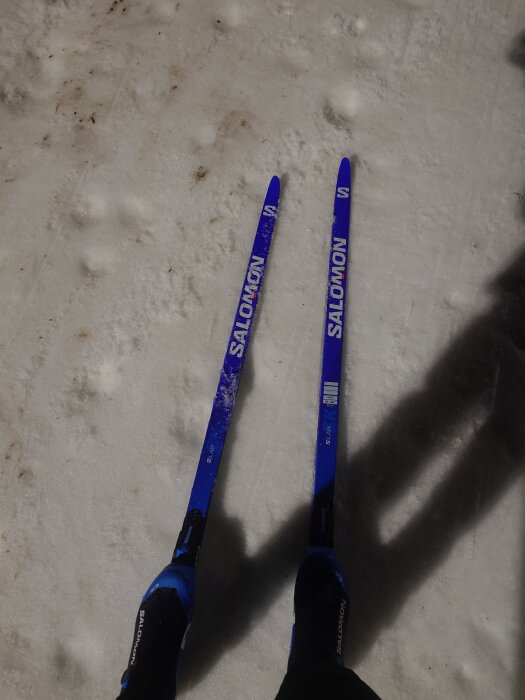 Blå längdskidor på snö med skuggor i bakgrunden.