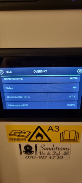 Översiktsskärm på värmepump visar driftprioritering, status, utetemperatur 4.7 °C, flödesgivare 9.3 l/m och varningsetikett.