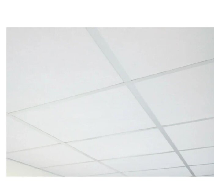 Vitt undertak med rutmönster, består av takplattor infästa i en metallram.