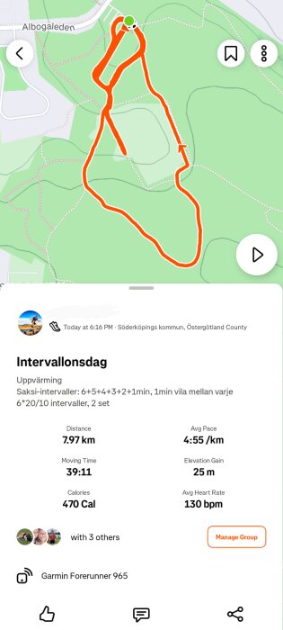 Karta över löprunda i Söderköpings kommun, 7.97 km, 4:55/km, höjdvinst 25 m, hjärtfrekvens 130 bpm. Garmin Forerunner 965 spårning.