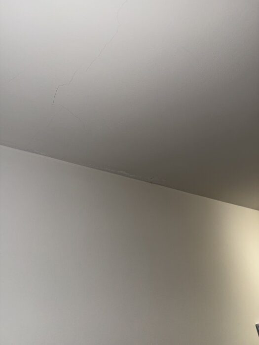 Sprickor och fläckar på vitt källartak, troligt fuktproblem ovanifrån.