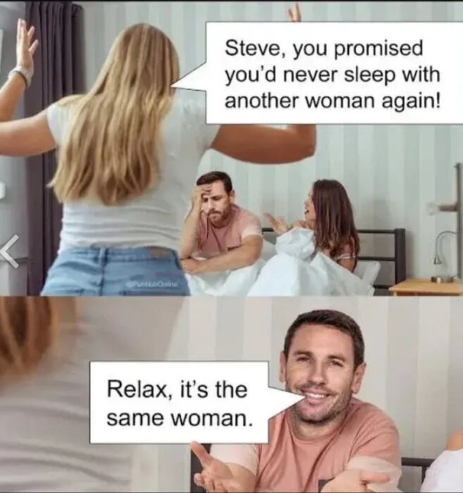 En man i sängen med två kvinnor; en kvinna står upp och skriker på mannen, medan en annan sitter bredvid honom. Mannen ser förvirrad ut.