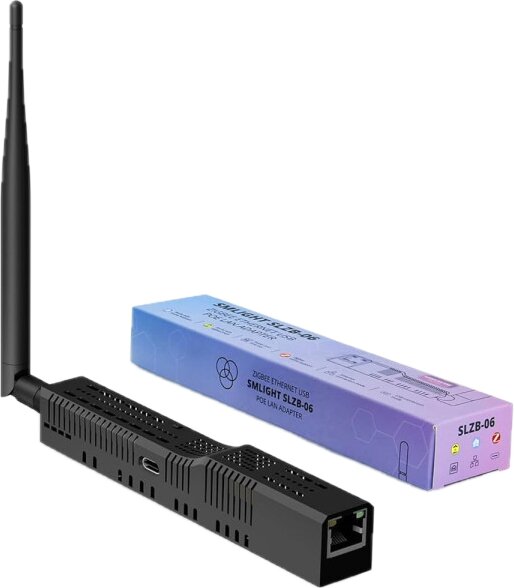 SMlight SLZB-06 Zigbee Ethernet USB adapter, visas med lång antenn och förpackning, stödjer Thread/Matter, kräver PoE. Made in Ukraine.