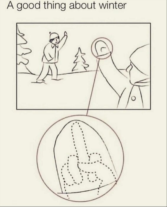 Teckning av person i snölandskap som håller upp handen. Närbild visar hand med en handen gest som är dold av en vante.