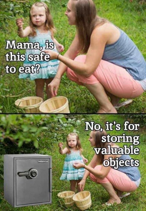 Barn och vuxen med korgar i gräset; text med humor om "safe" (säker) och kassaskåp.