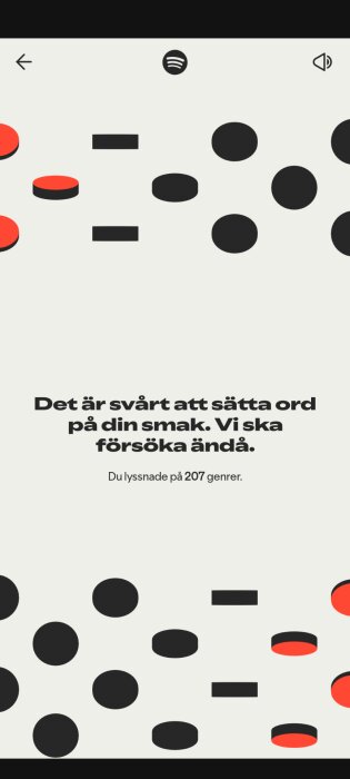 Grafisk design med texten 'Det är svårt att sätta ord på din smak. Vi ska försöka ändå. Du lyssnade på 207 genrer.' och abstrakta former.
