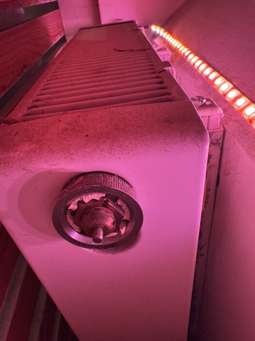 Trasig termostatdel på element under ett rosa ljus.