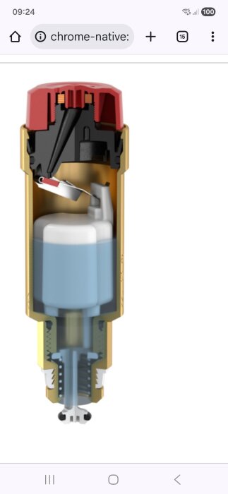 Tvärsnitt av en ventil med en hatt som innehåller expanderande ringar för att stänga luftningen vid fukt, viktig för korrekt funktion.