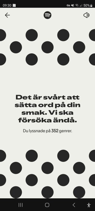 Text om musiksmak med svartvit prickbakgrund på Spotify-skärm: "Det är svårt att sätta ord på din smak. Vi ska försöka ändå. Du lyssnade på 352 genrer.