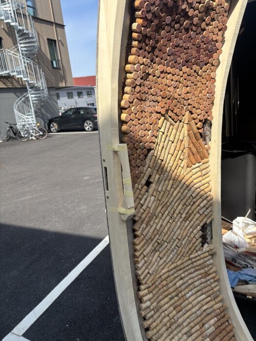 Dörrpanel med vinkorkar i mönster, tejpad träram vid handtagstest. Bakom en spiraltrappa, cyklar och parkerad bil.