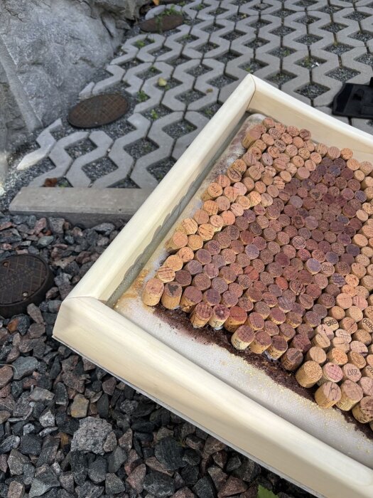 Hemgjord dörrkarm med vinkorkar syns i ramen, omgiven av stenläggning och smågrus. Hörnet av konstruktionen är synligt i närbild.