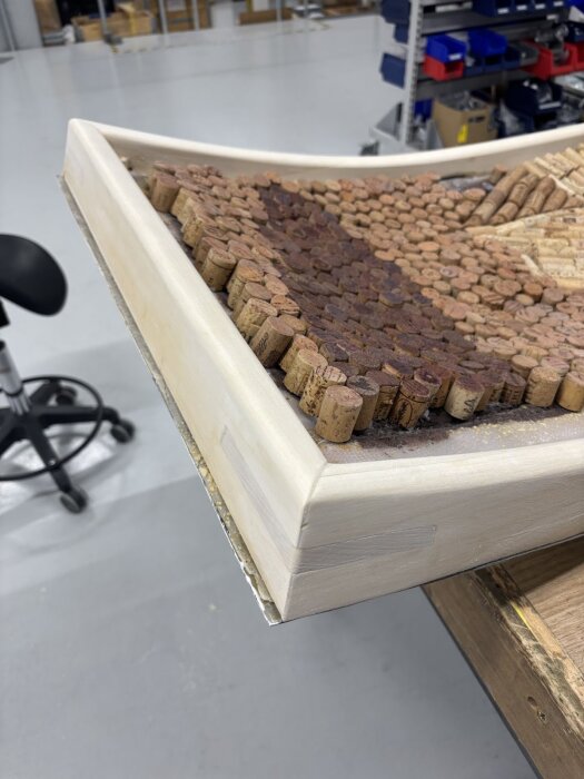 Träram med inlägg av vinkorkar i olika nyanser, visar fogar och hörn. Verkstadsmiljö med arbetsbänk i bakgrunden.