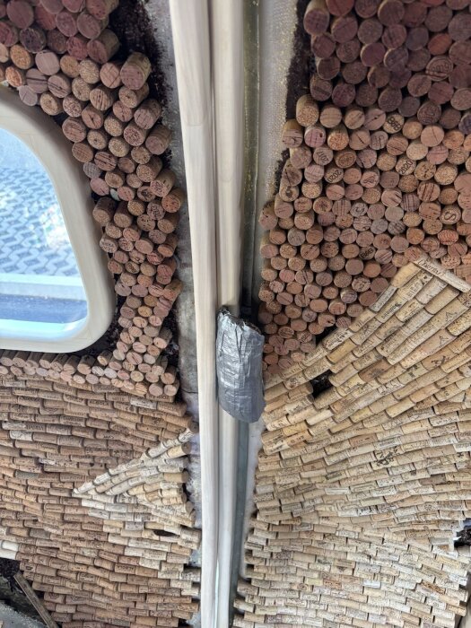 Dörrkarm med uppsatta vinkorkar och en tillfälligt fasttejpad del i silvertejp, del av ett byggprojekt med dörrhandtagsmockup.