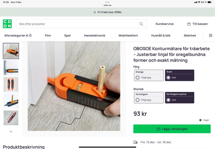 Orange konturmätare används mot en vägg och ett golv för att överföra en ojämn form till en yta. Text som beskriver produkten visas på sidan.