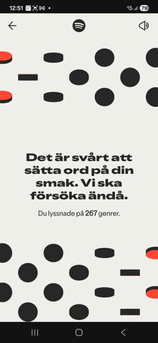 Spotify-statistik visar lyssnade genrer med text: "Det är svårt att sätta ord på din smak. Du lyssnade på 267 genrer.