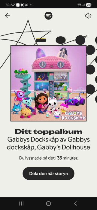 Animerad bild av Gabby's dockskåp med karaktärer och dockor från showen, samt text om musiklyssning ovanför "Dela den här storyn"-knapp.
