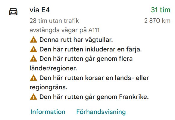 Rutt via E4 på 2870 km med flera varningar om vägtullar, färjor, och passage genom Frankrike, visas i en reseplan med information och förhandsvisning.
