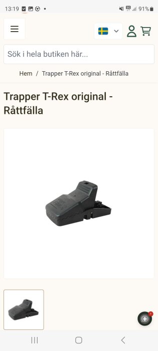 Svart Trapper T-Rex råttfälla på vit bakgrund, visas på produktsida för försäljning.