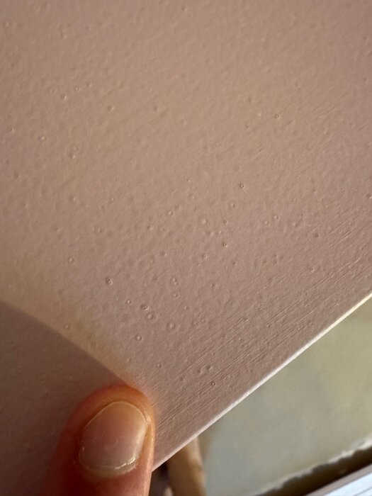 Närbild av målning med ojämn yta och små luftbubblor, applicerad med skumroller på platsbyggd bokhylla, som diskuterad i foruminlägg.