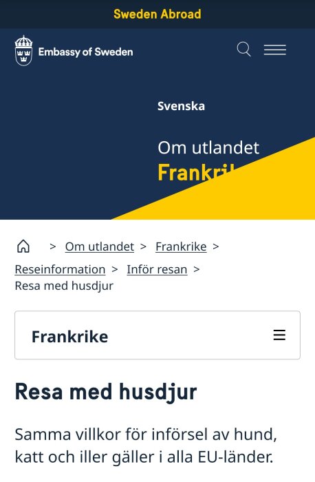 Bild av Sveriges ambassads webbplats om regler för resa med husdjur till Frankrike inom EU, inklusive hundar, katter och illrar.