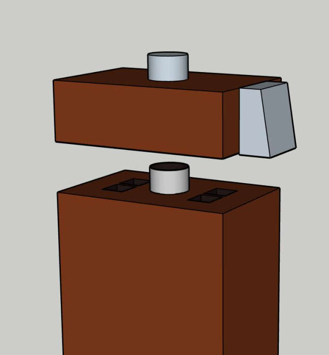 3D-modell av ventilationskanaler, rökrör och fläktlösning för braskamin, med fokus på förlängning av rökrör och placering av fläkt vid sidan.