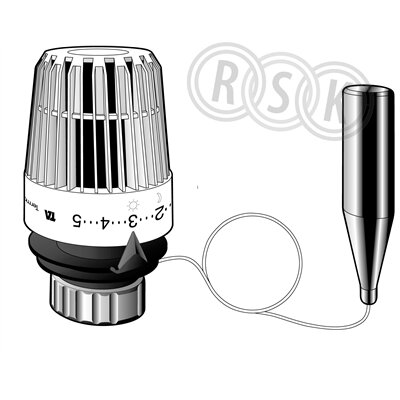 Termostat med numerisk inställning och kapillärrör, används för radiatorventiler, med RSK-logotyp i bakgrunden.