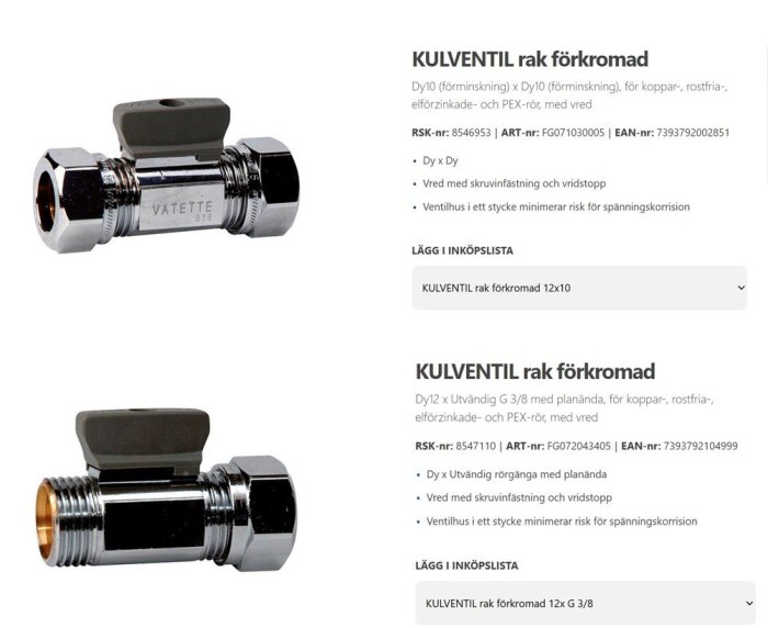 Två kromade kulventiler med vred, en med dimension 12x10 och den andra 12x G 3/8, visas med produktinformation och artikelnummer.